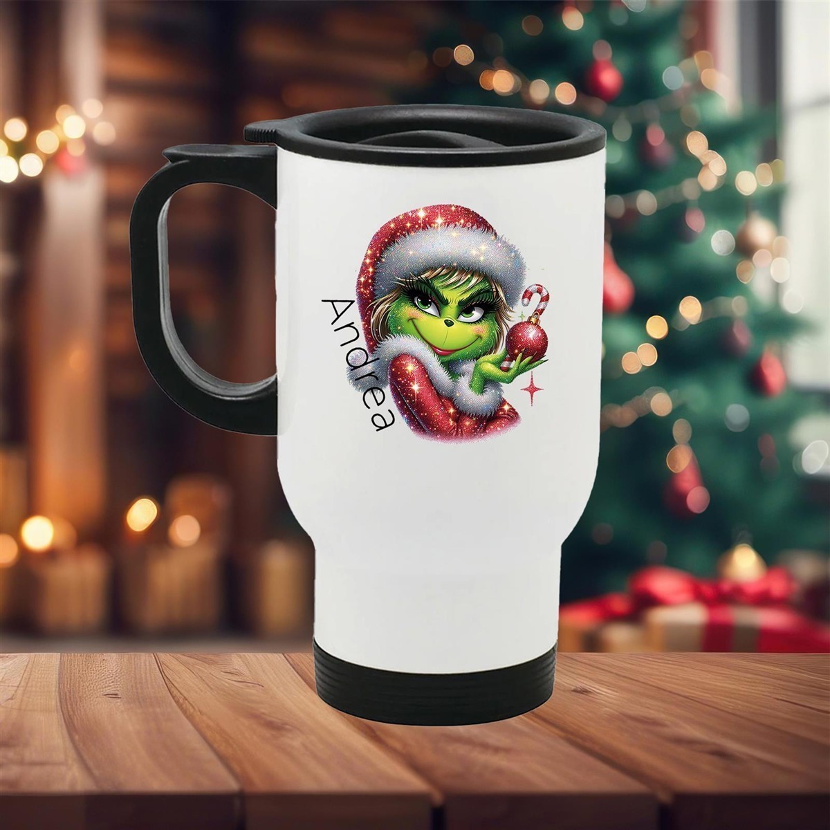 Edelstahl-Thermobecher mit Deckel Weihnachten Lady-Grinch 3# personalisiert weiß Edelstahl-Thermobecher mit Deckel Weihnachten Lady-Grinch 3# personalisiert weiß